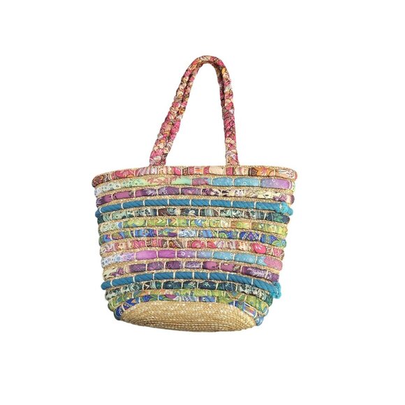 Cappelli Straworld Colorful Beach Tote Straw w/ Multicolor Fabric Boho Festival - Picture 2 of 10
